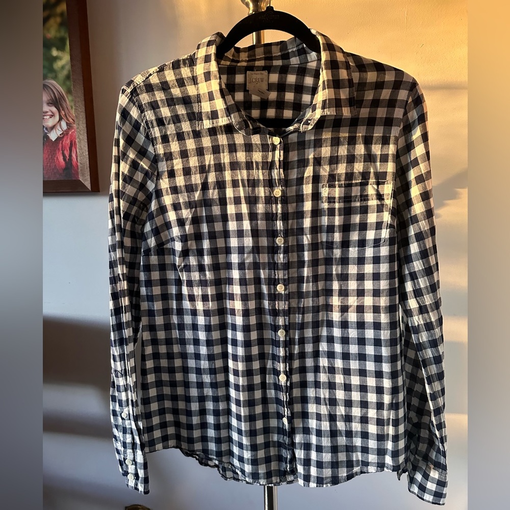 J Crew Navy Check Button Down Large EUC